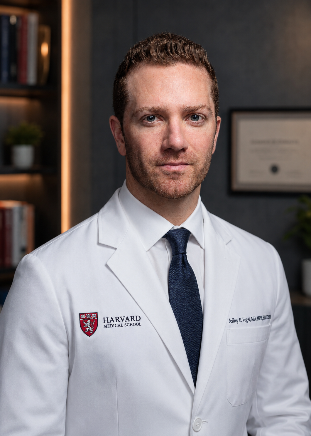Dr. Jeff, in a Harvard Medical School white coat
